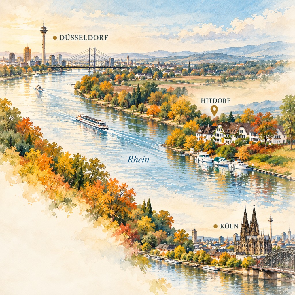 Wasserfarbenbild: der Rhein von Düsseldorf über Hitdorf nach Köln